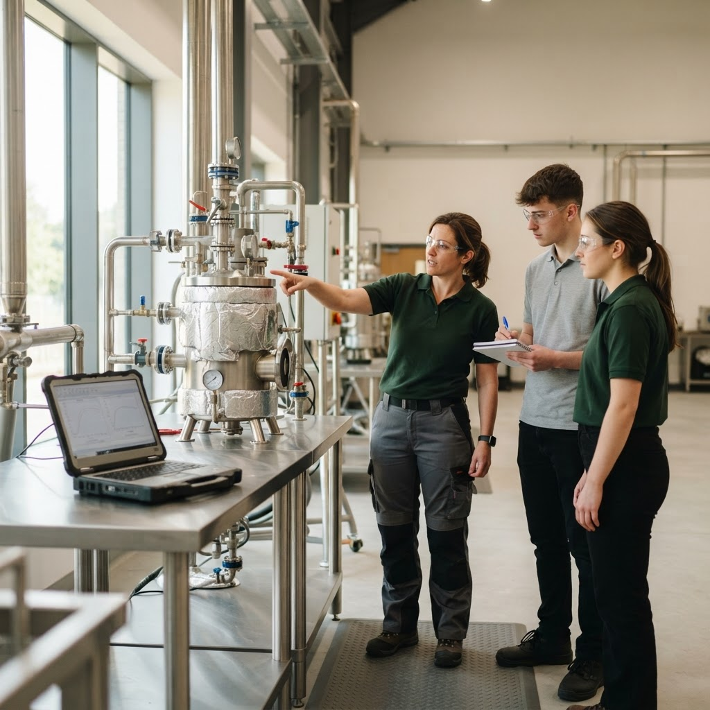 Engineers and technicians training in a modern biochar and pyrolysis facility