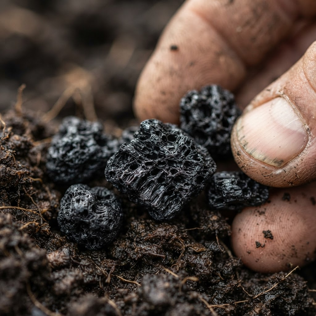 Extreme close-up of porous black biochar granules resting on dark soil