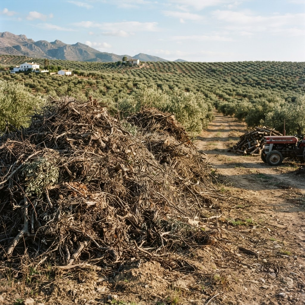 Forestry and agricultural biomass residues gathered at the edge of an Andalusian field