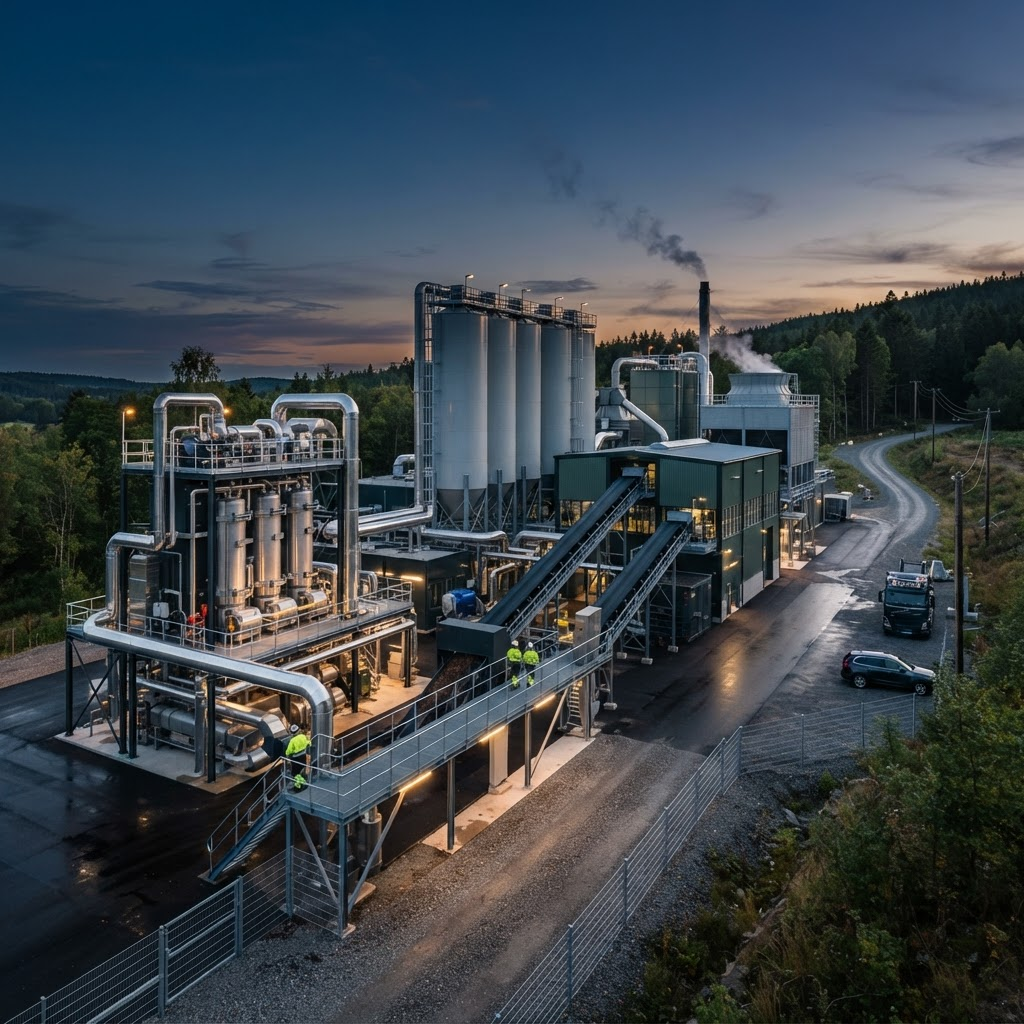 A modern continuous-flow industrial pyrolysis facility at dusk