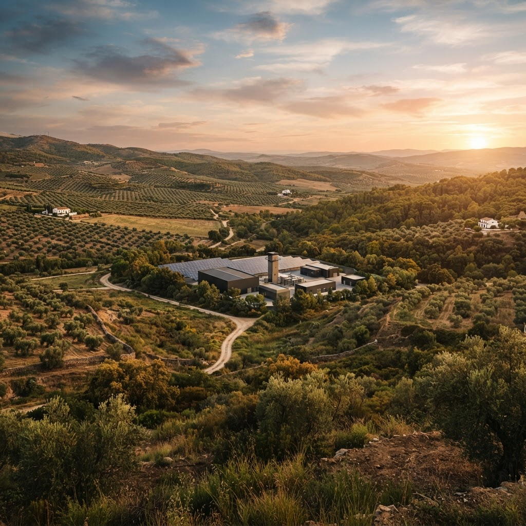 Andalusian landscape with olive groves and clean-technology infrastructure at golden hour